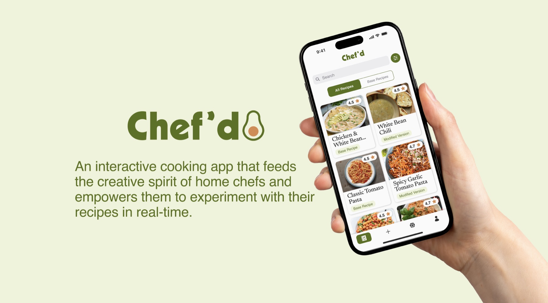 Chef'd logo and tagline beside a hand holding a phone showing the Chef'd recipe list