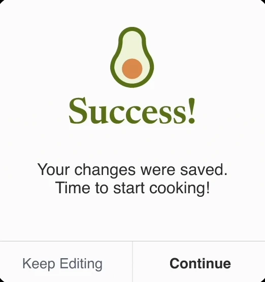 Chef'd's success animation confirming a recipe change was saved