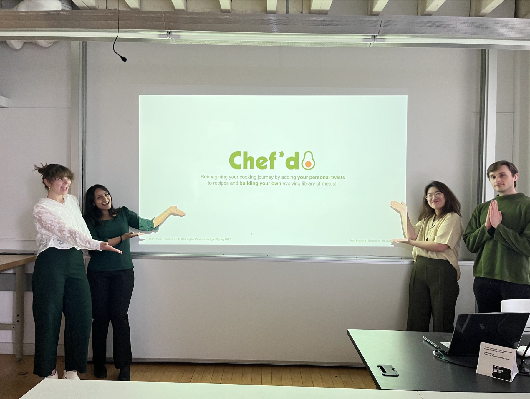 The Chef'd team presenting their final project slide at Pratt Institute