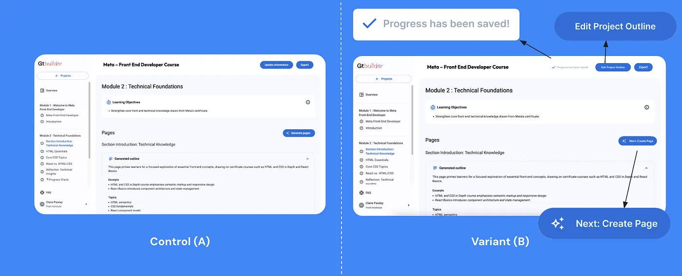 Proposed A/B test comparing the current Control A interface against the redesigned Variant B interface