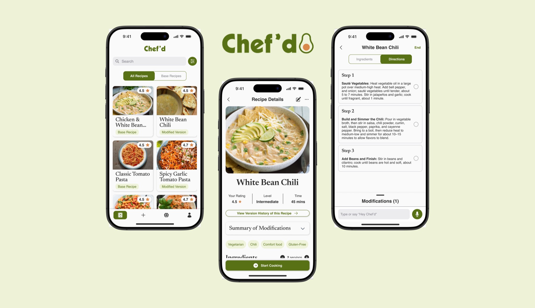Chef'd recipe app shown across three phone screens