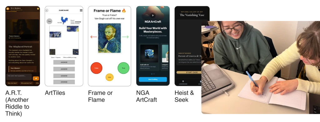 Five early concept explorations: A.R.T., ArtTiles, Frame or Flame, NGA ArtCraft, and Heist and Seek, alongside a photo of the team conducting a user interview