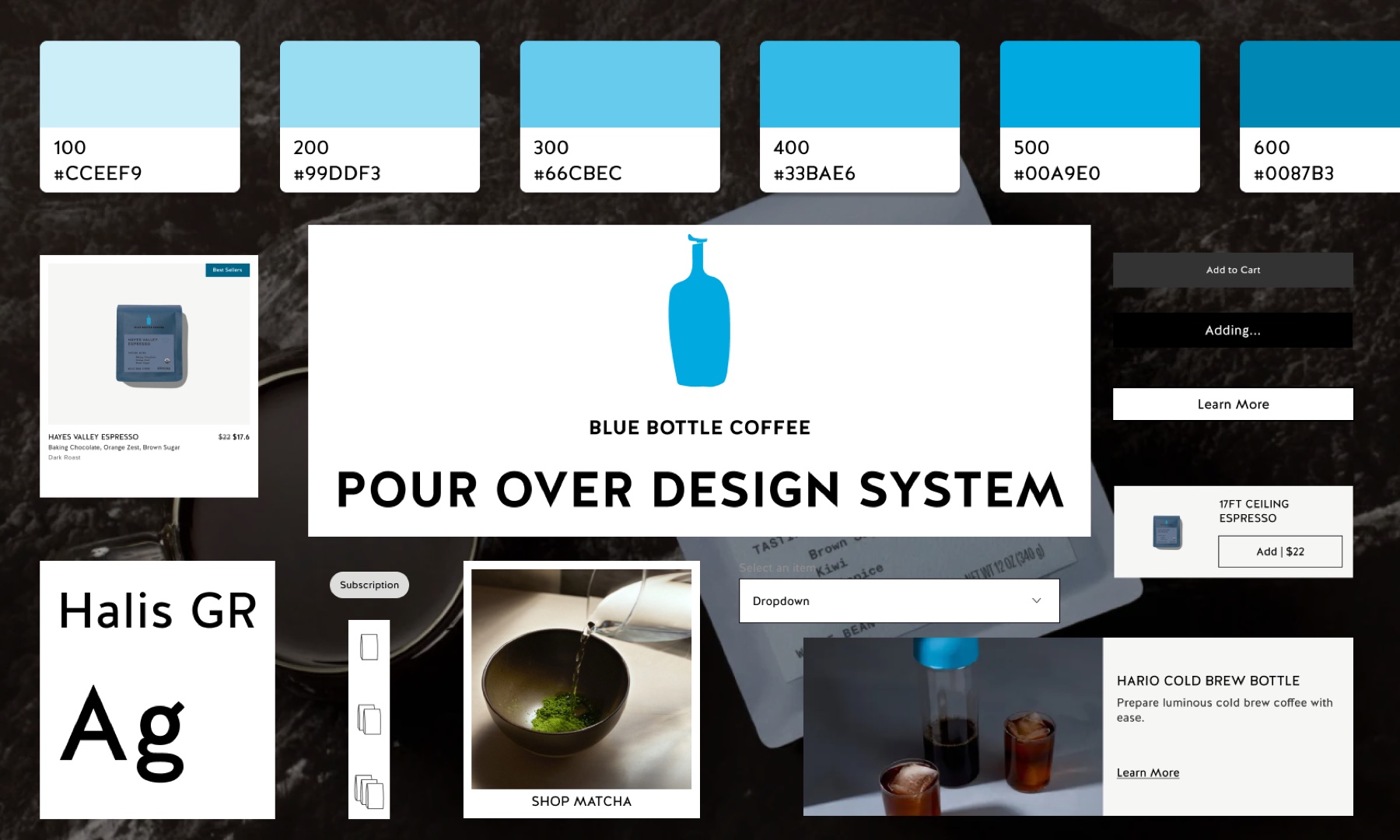 An overview of the Pour Over design system, including color tokens, the cover page, and standardized components